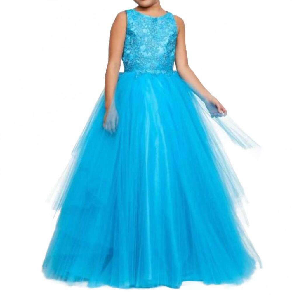 NEW ASHLEYLAUREN girl's pleated tulle ball gown in blue multi